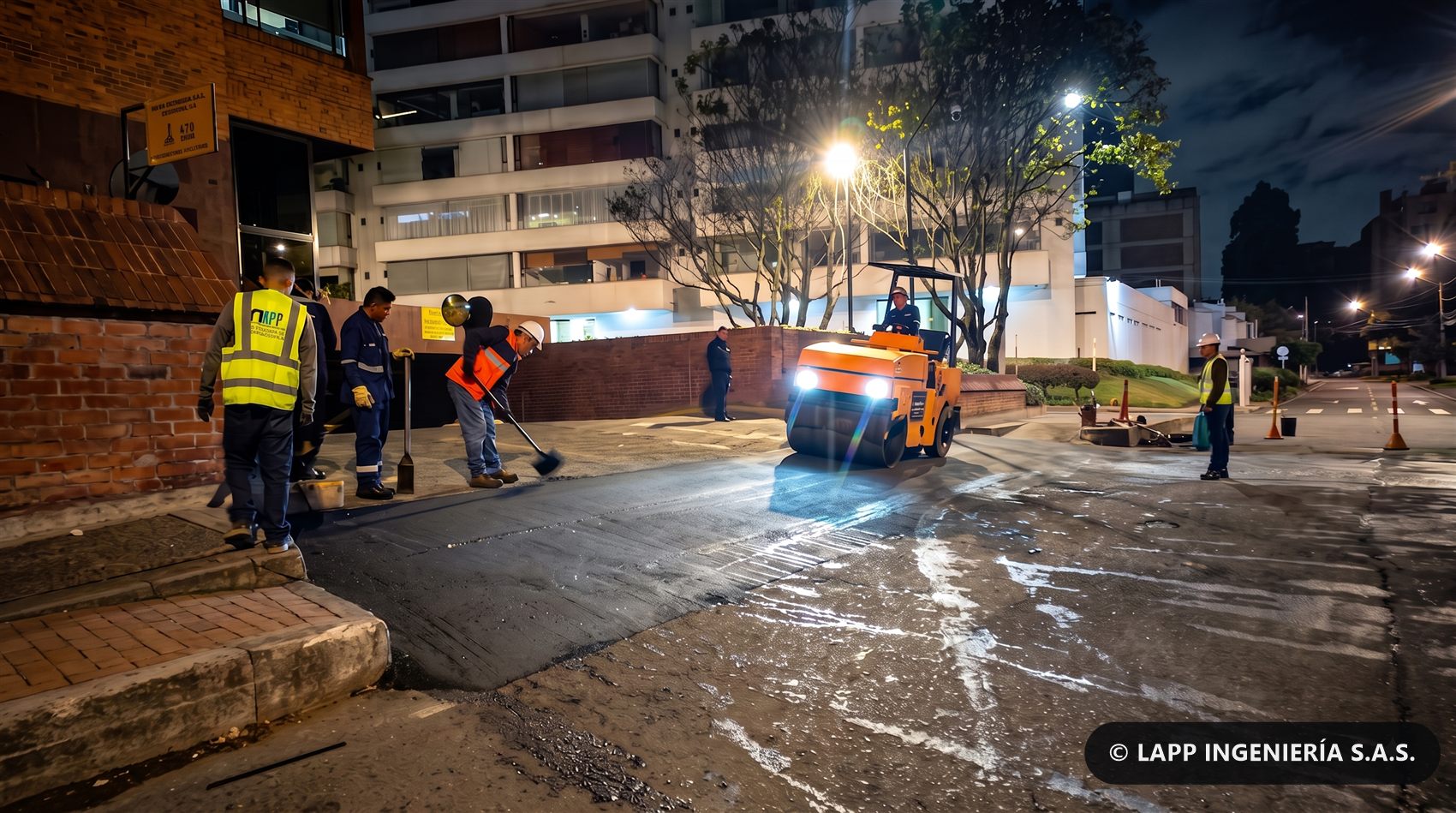Compactación de carpeta asfáltica en jornada nocturna